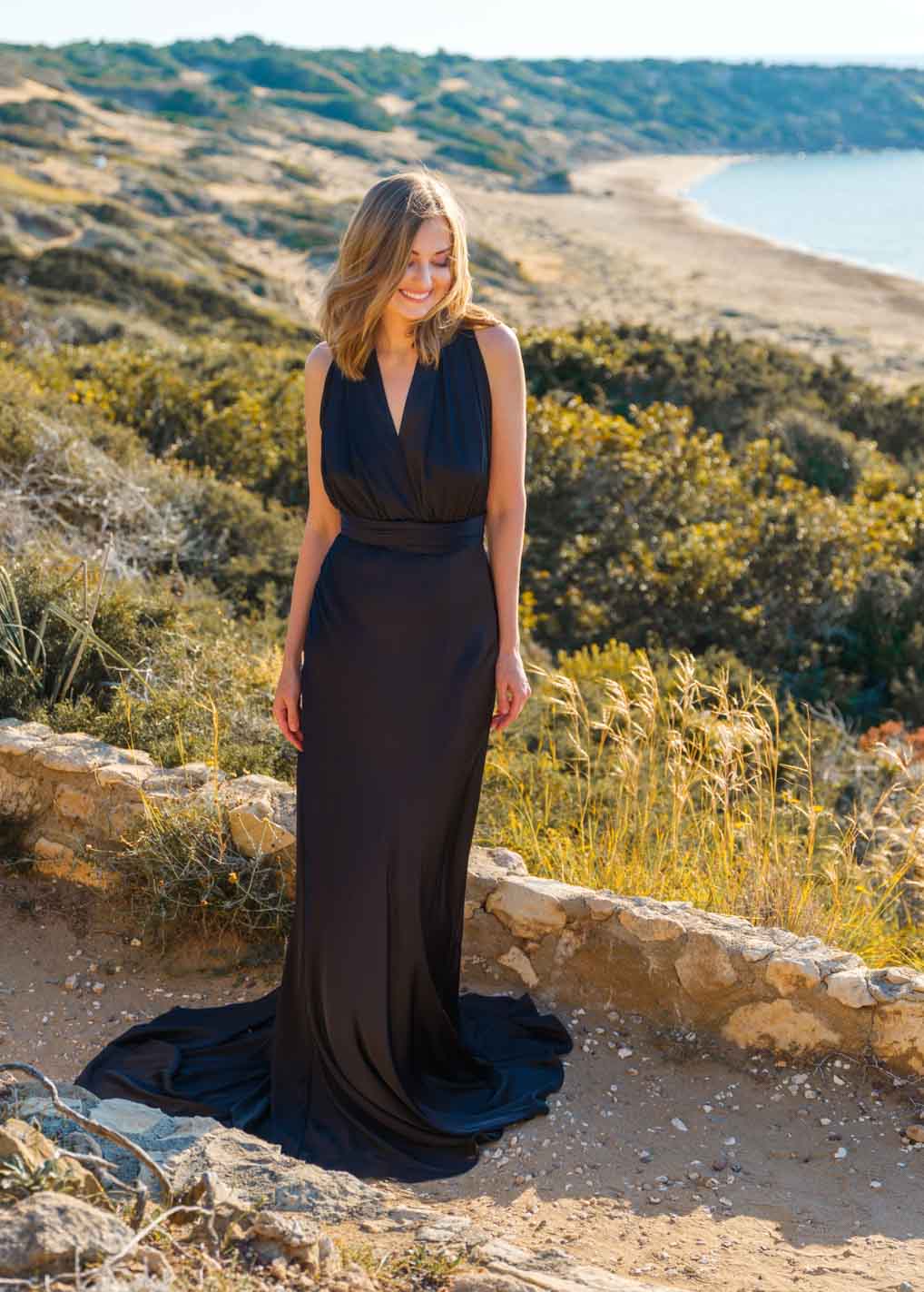 Black infinity silk dress with train