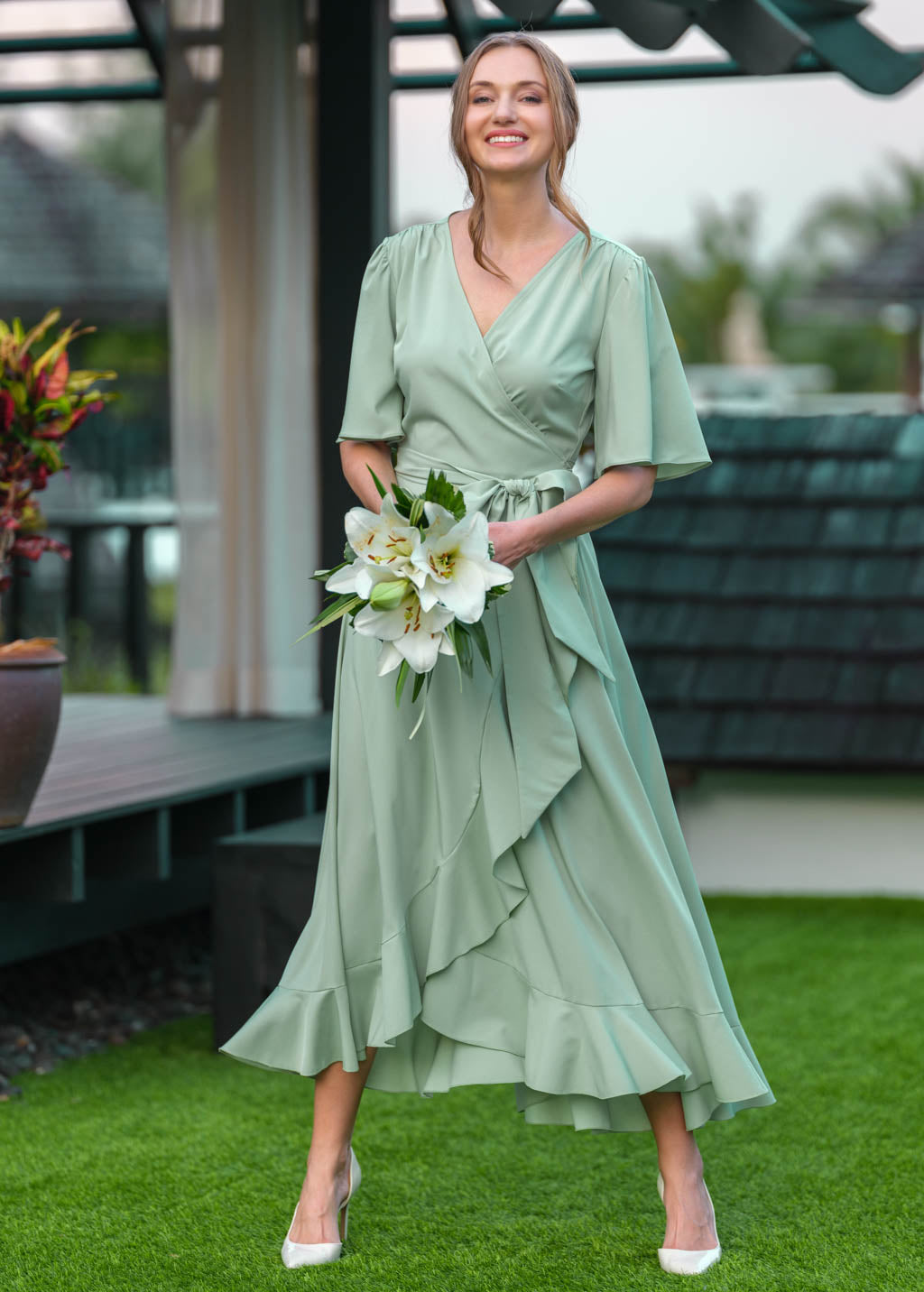 Sage green long wrap dress
