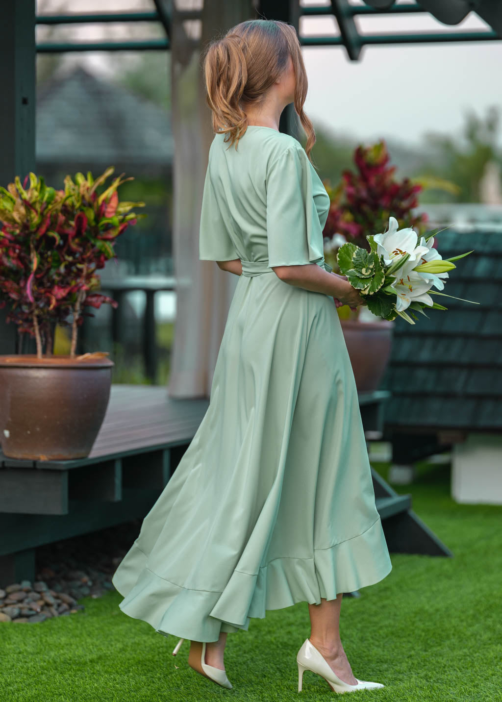 Sage green long wrap dress