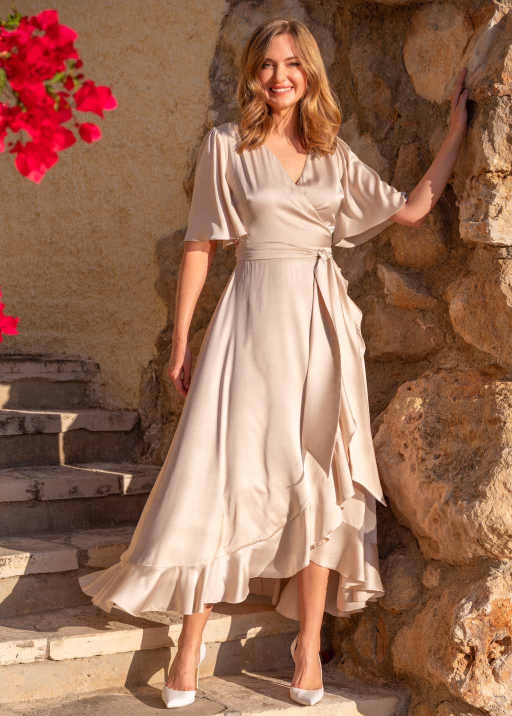 Champagne beige wrap silk dress