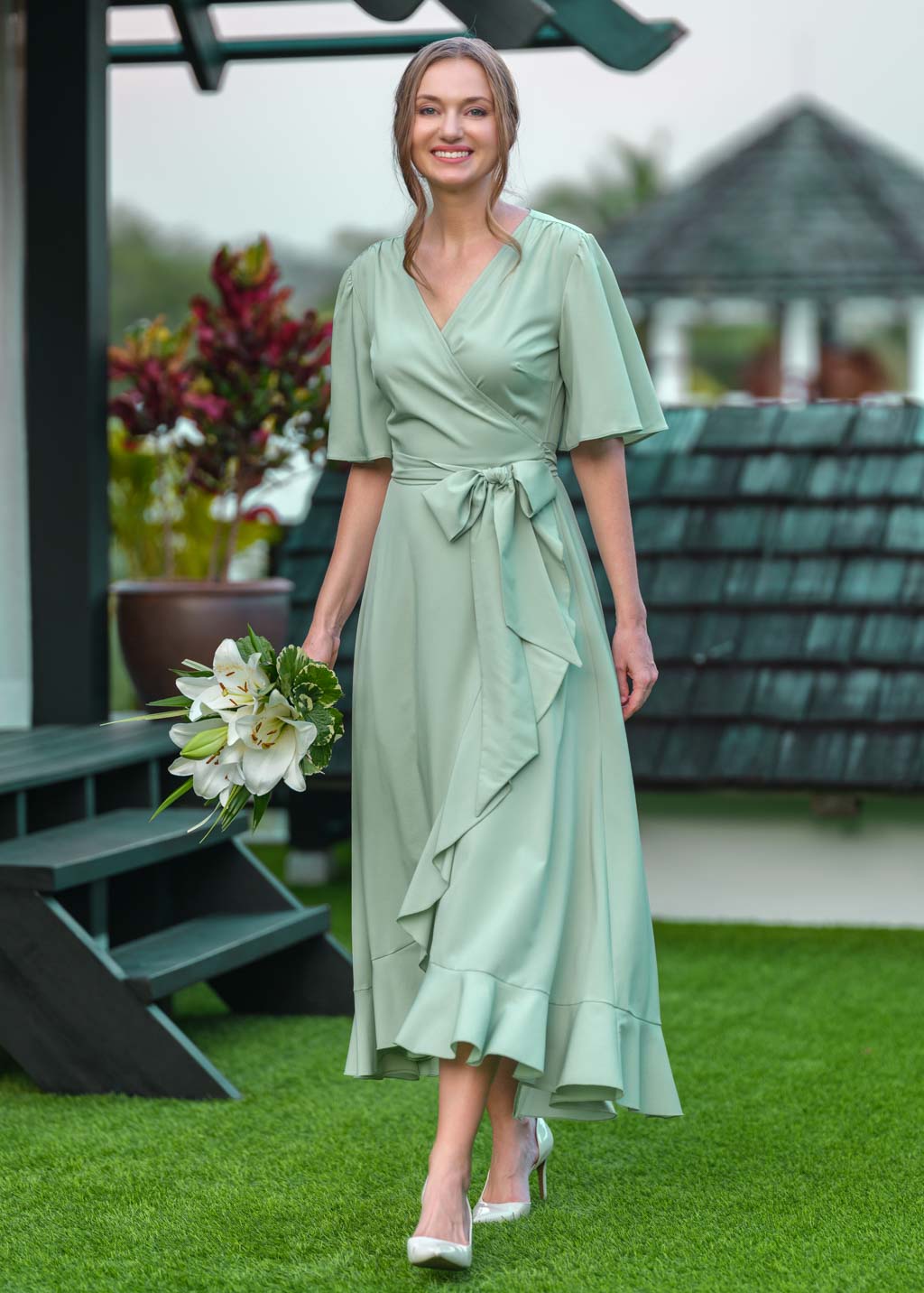 Sage green long wrap dress