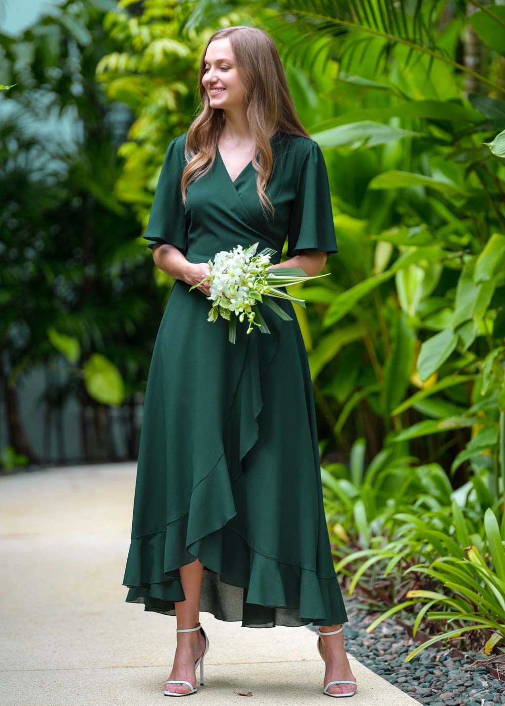 Dark green chiffon wrap dress
