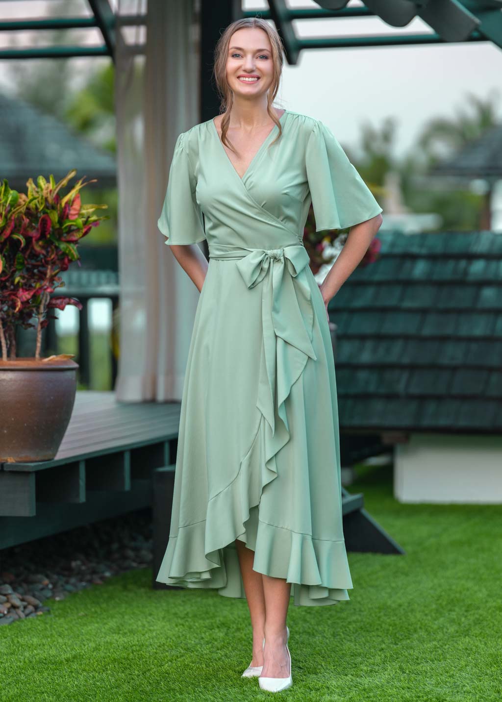 Sage green long wrap dress