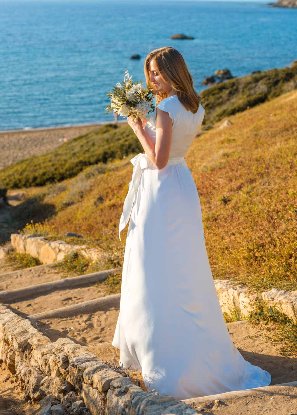 Ivory silk wedding dress with train