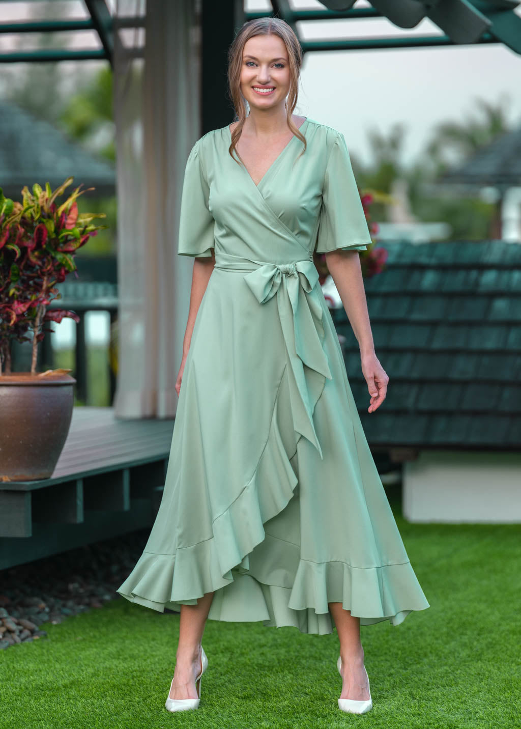 Sage green long wrap dress