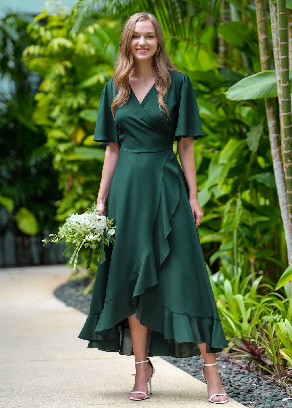 Dark green chiffon wrap dress