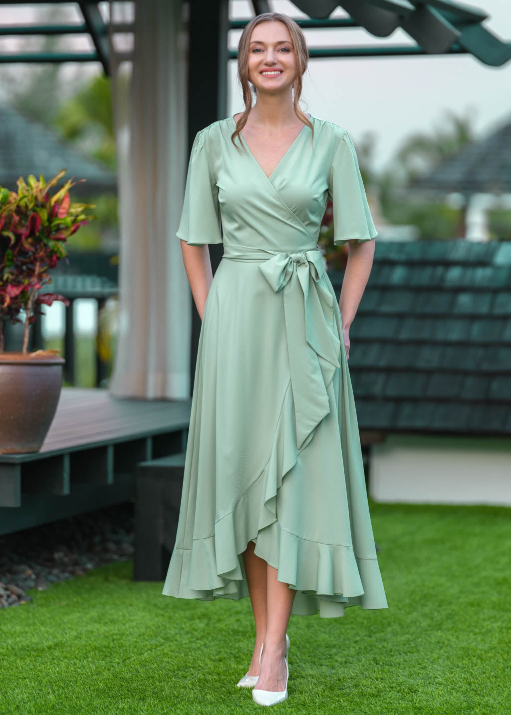 Sage green long wrap dress