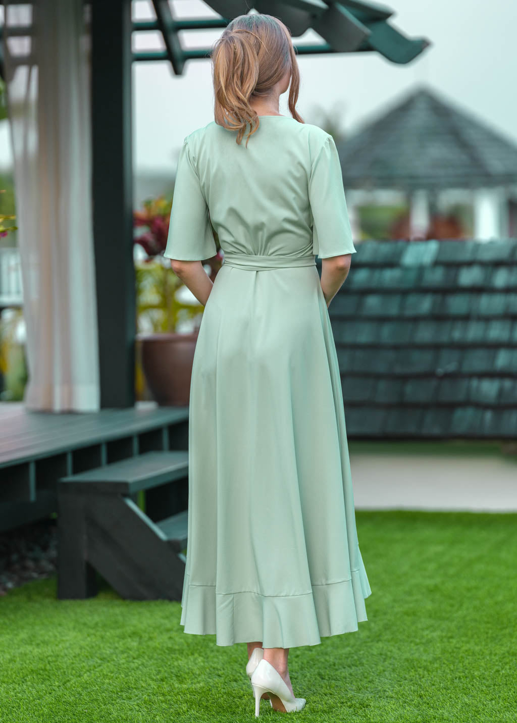Sage green long wrap dress