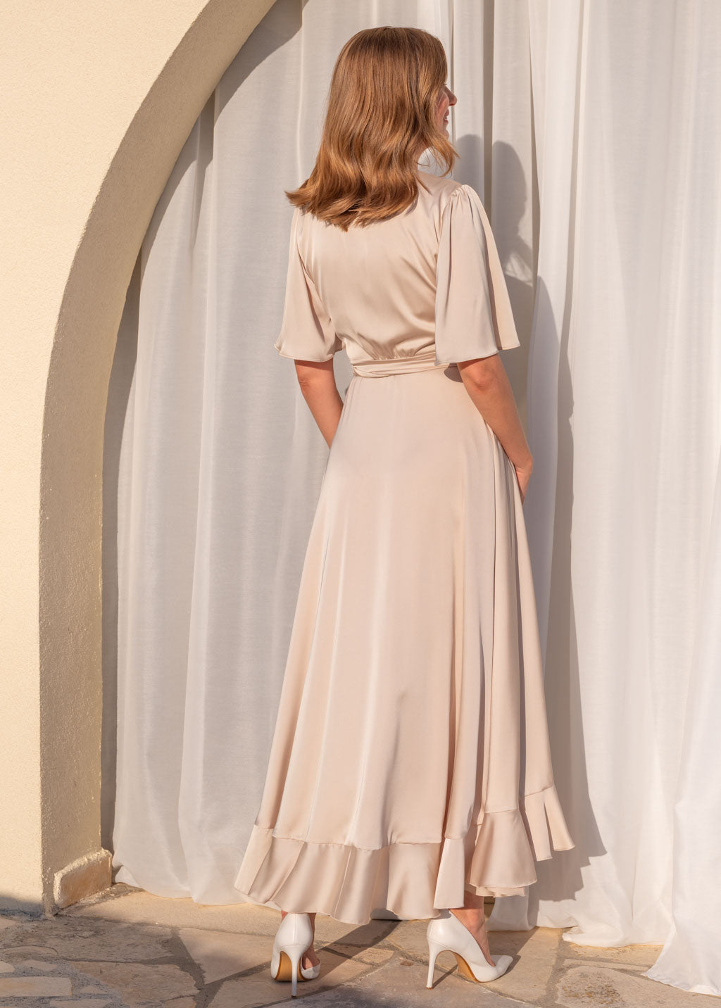 Champagne beige wrap silk dress