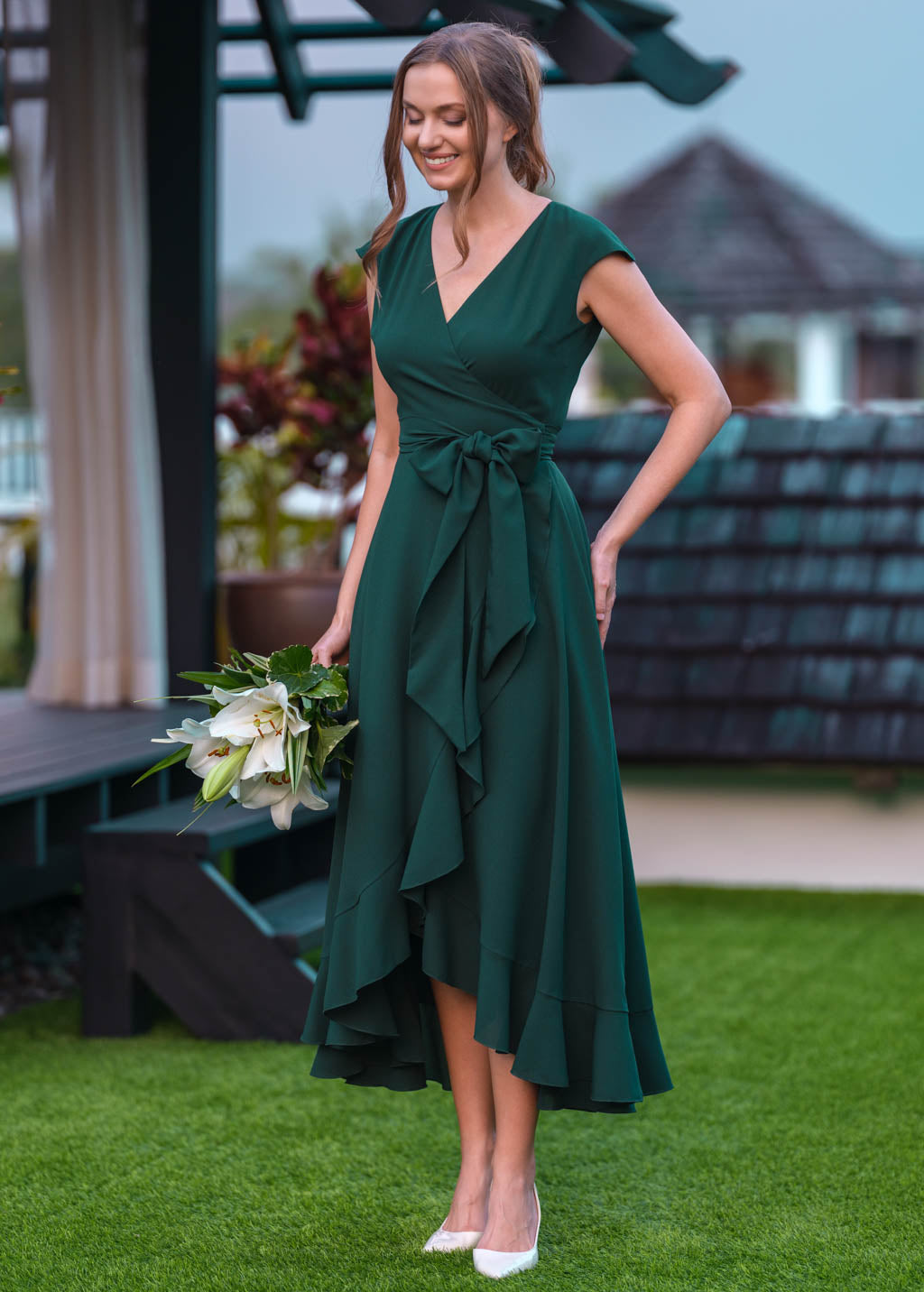 Dark green chiffon wrap dress