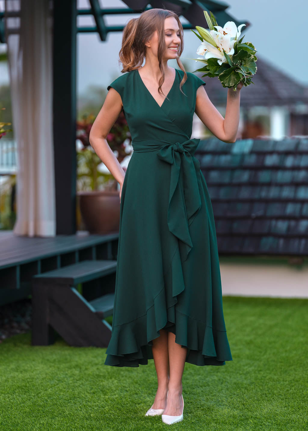 Dark green chiffon wrap dress
