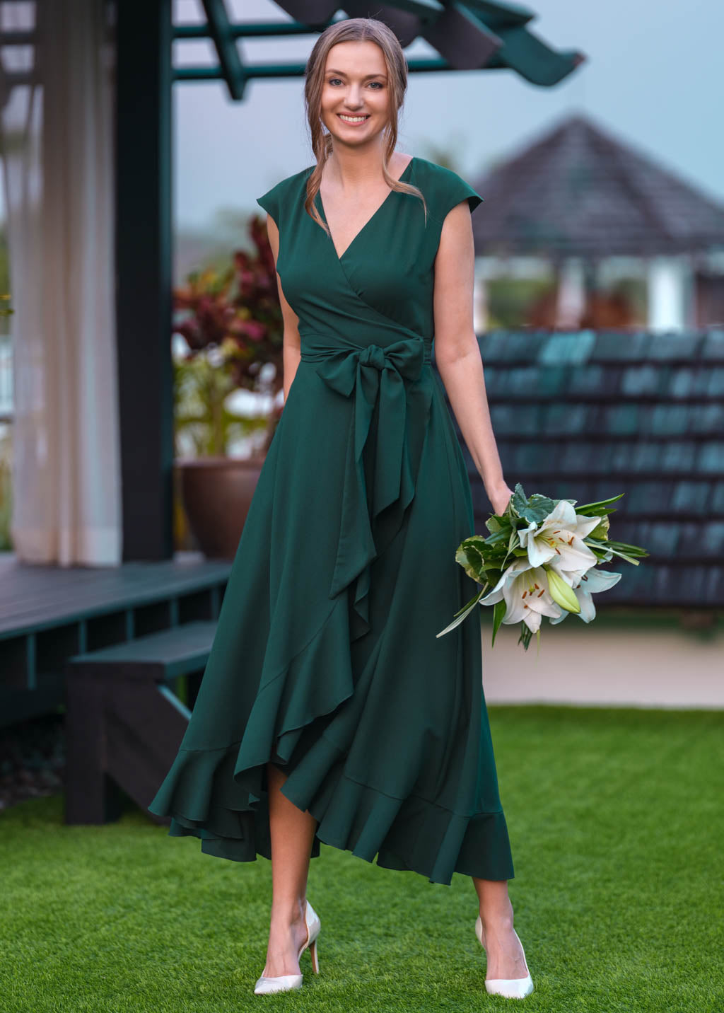 Dark green chiffon wrap dress