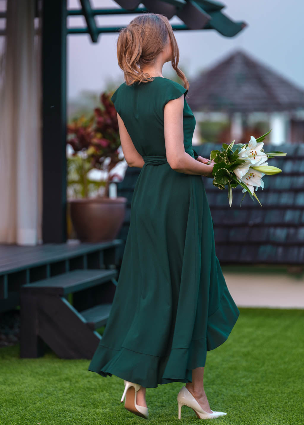 Dark green chiffon wrap dress