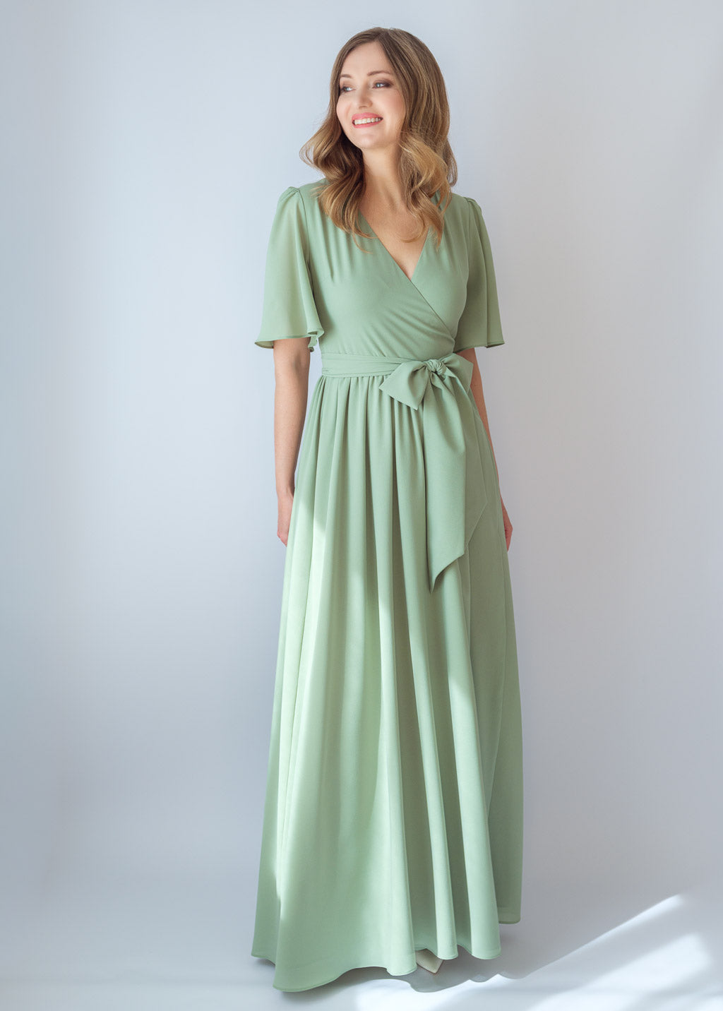 Sage green chiffon long wrap dress