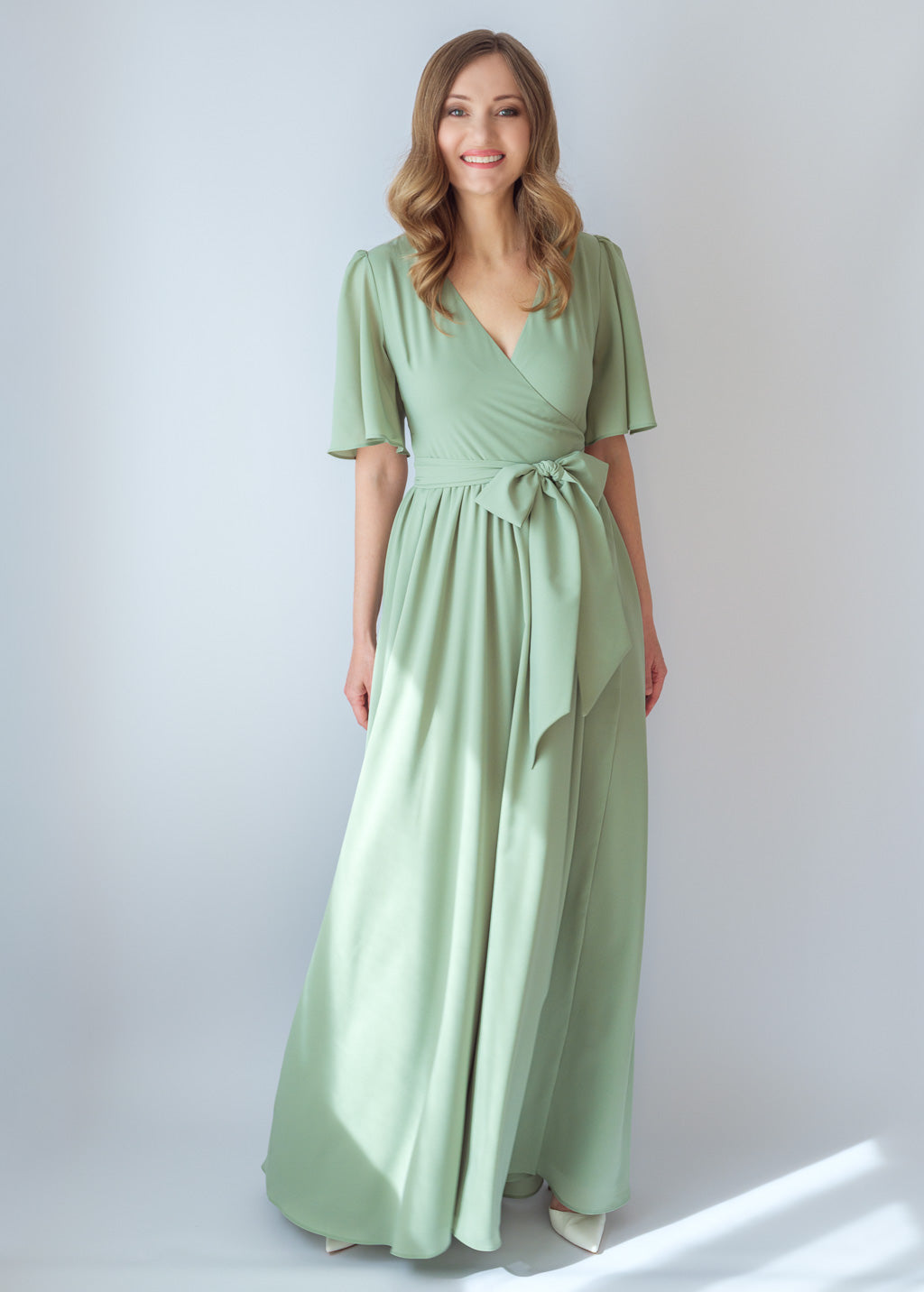 Sage green chiffon long wrap dress