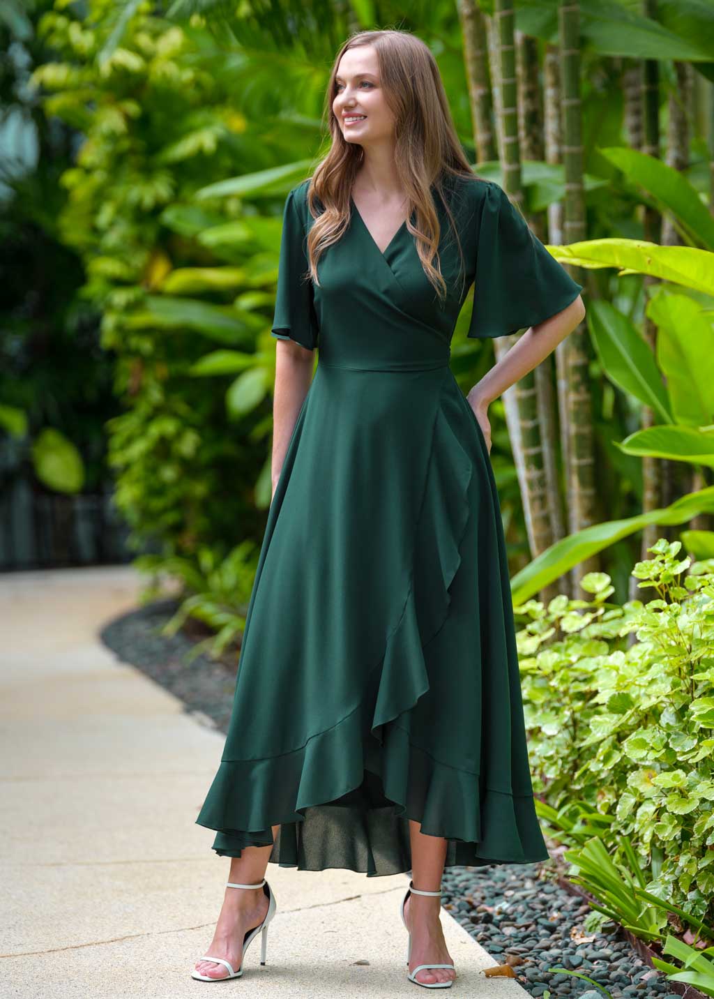 Dark green chiffon wrap dress