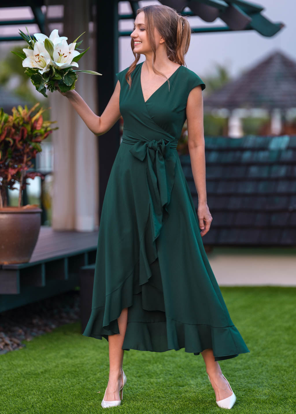 Dark green chiffon wrap dress