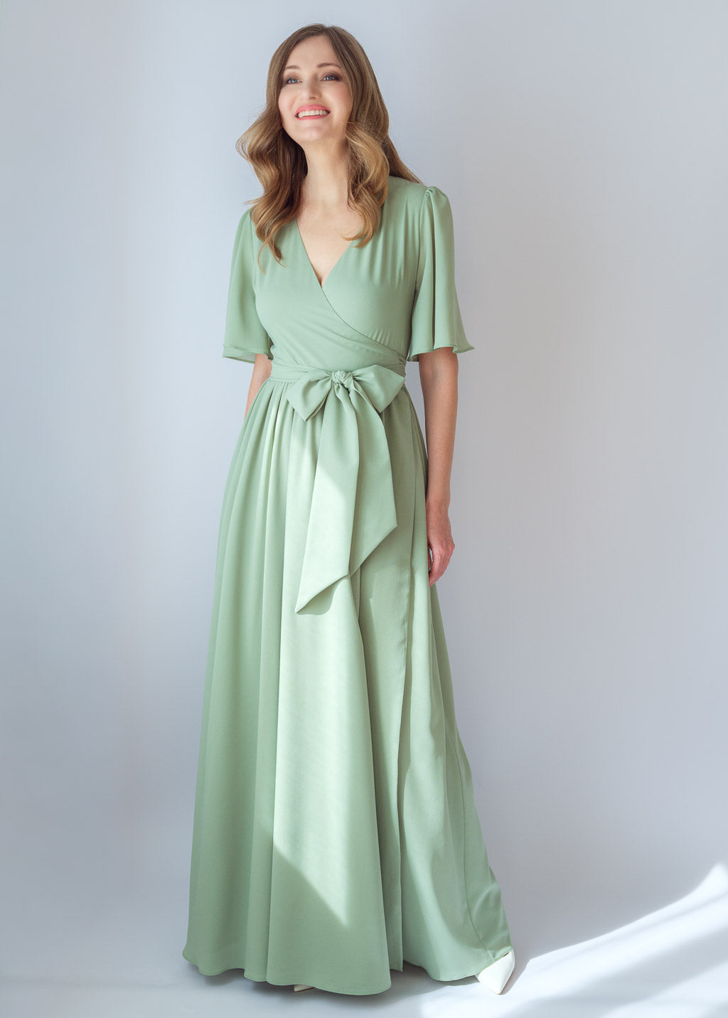 Sage green chiffon long wrap dress