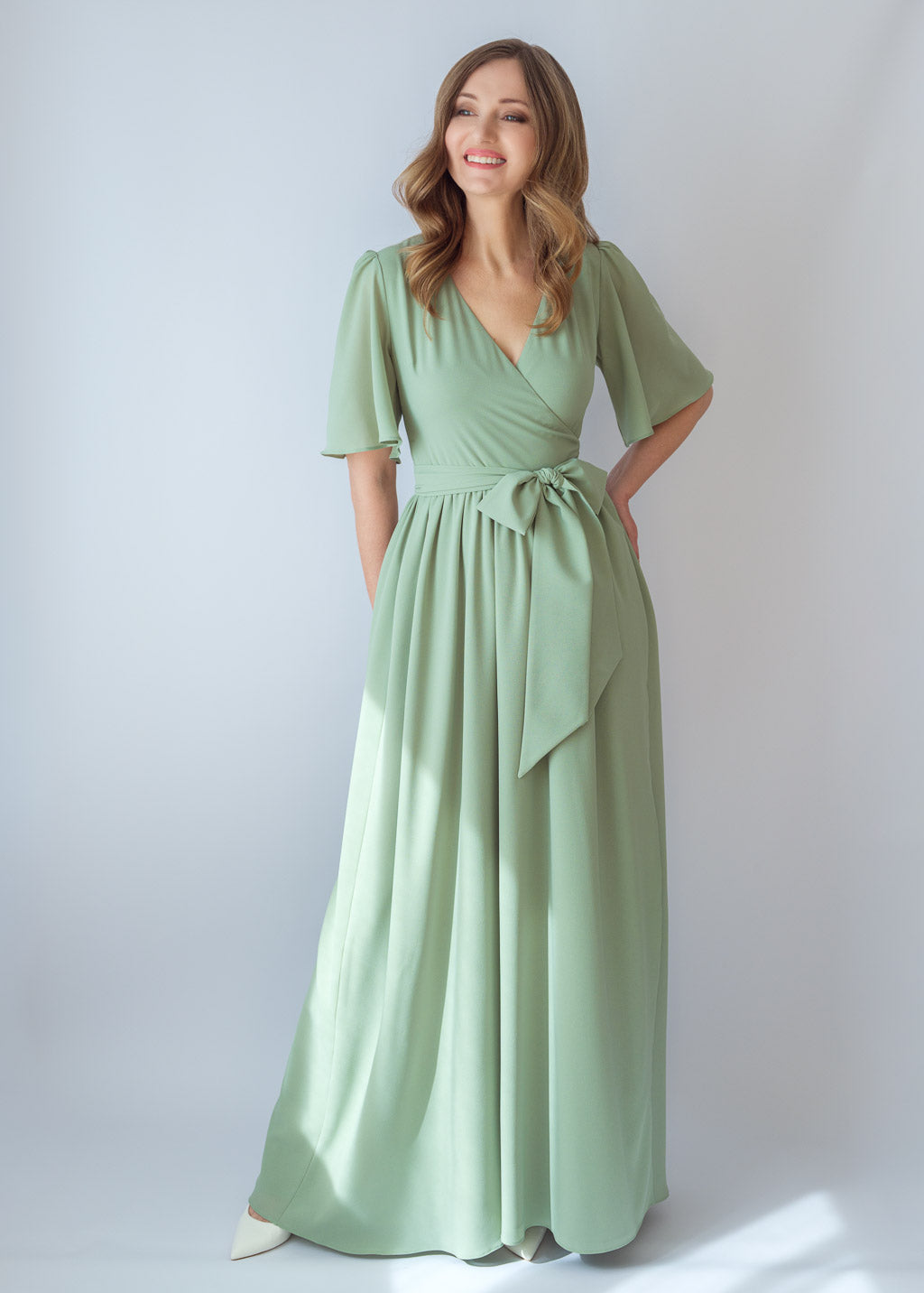 Sage green chiffon long wrap dress
