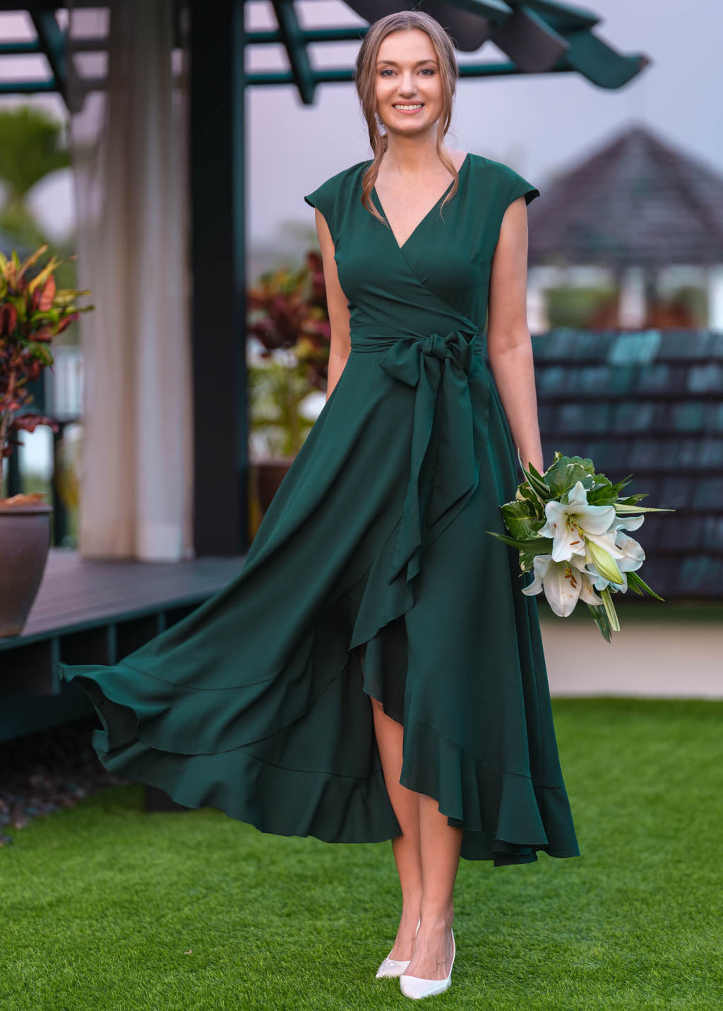 Dark green chiffon wrap dress