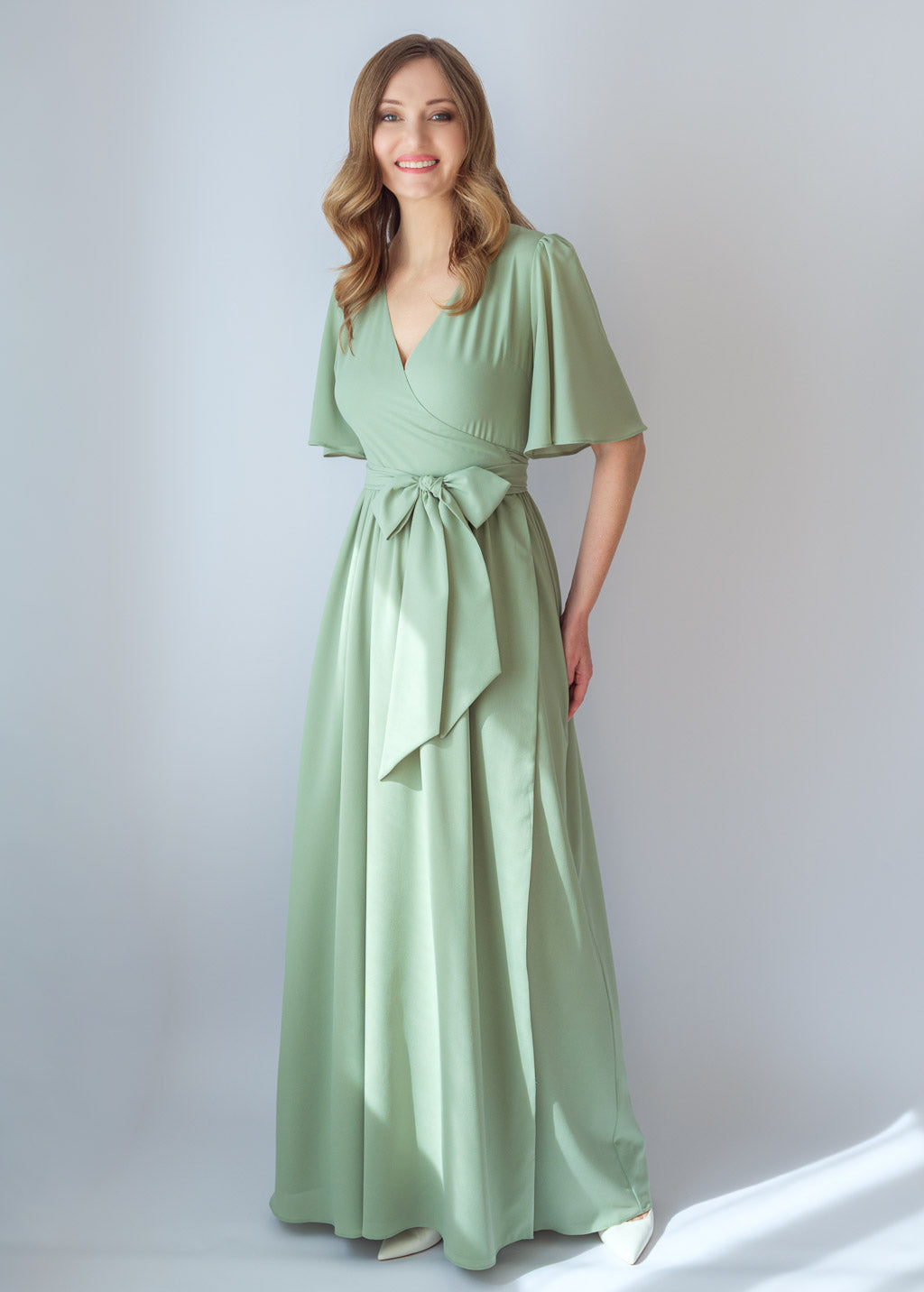 Sage green chiffon long wrap dress