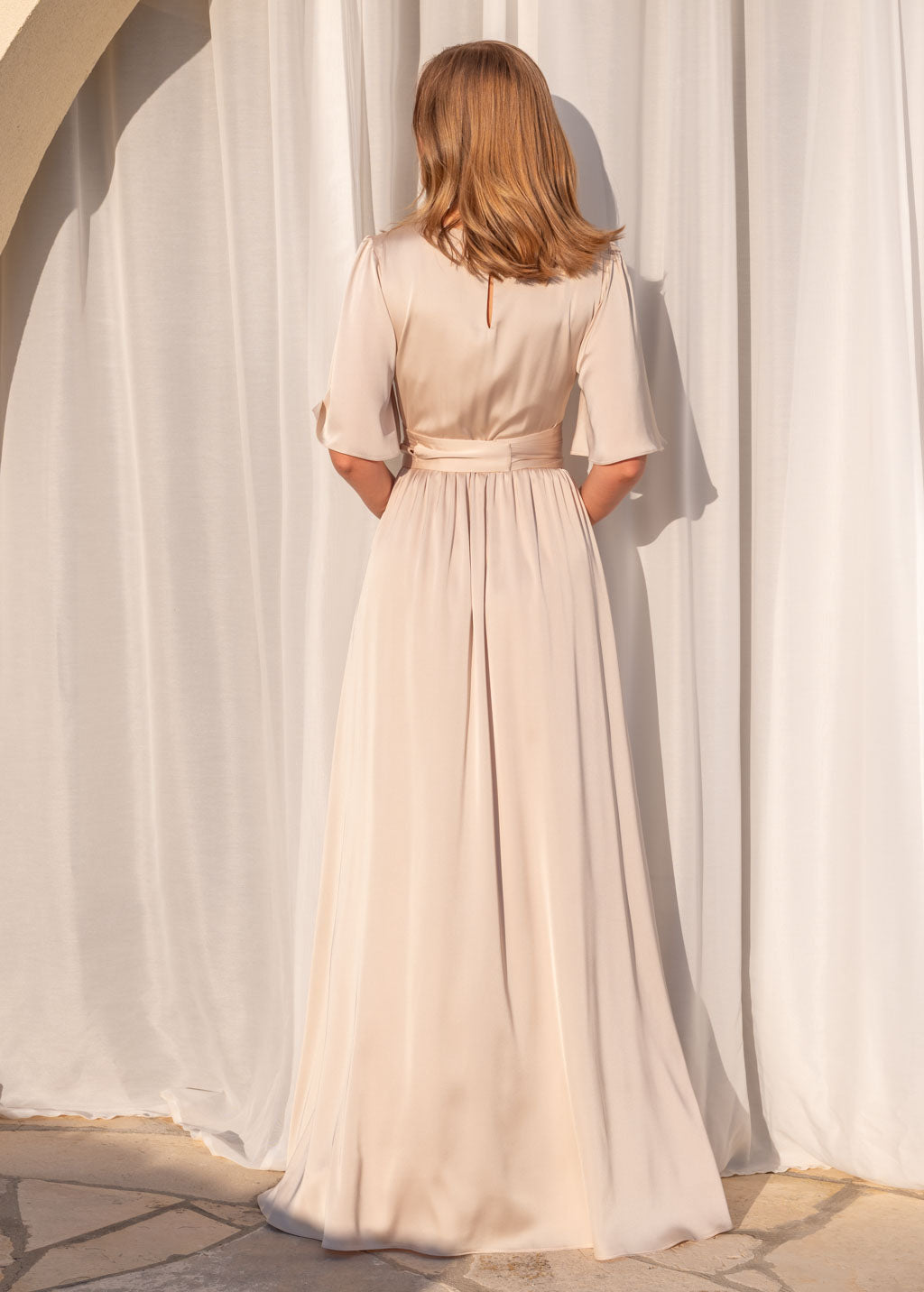 Champagne beige long slit silk dress with belt