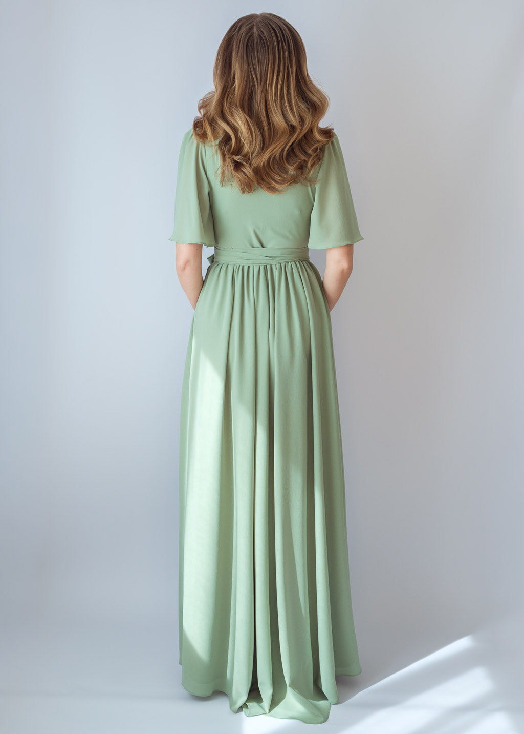 Sage green chiffon long wrap dress