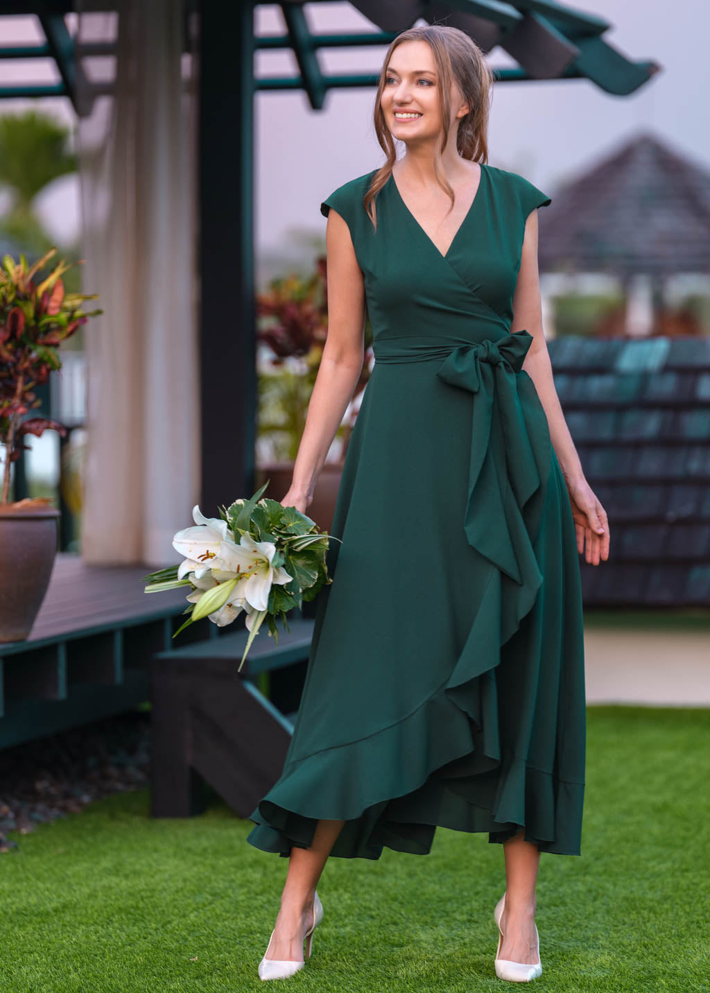 Dark green chiffon wrap dress