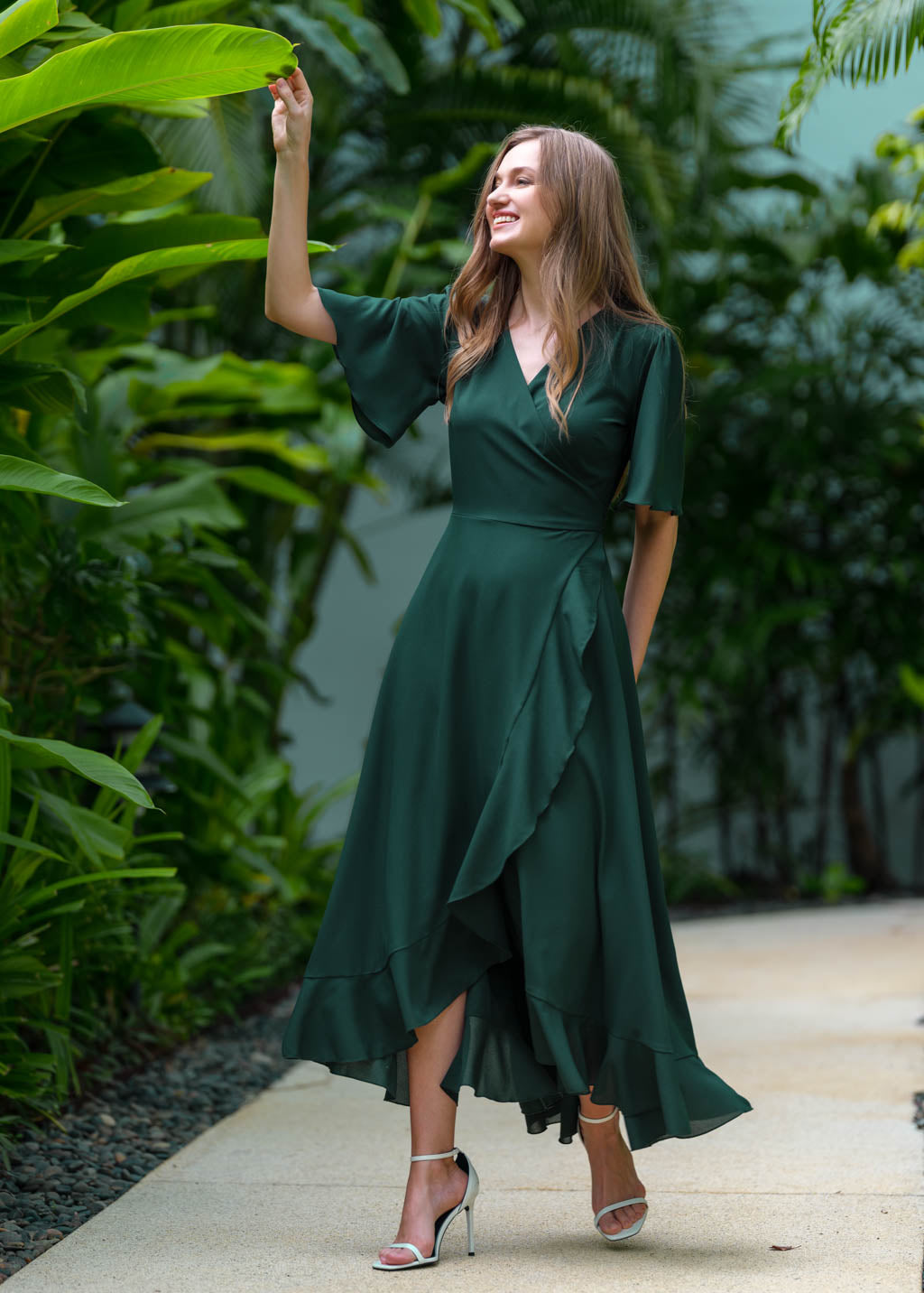 Dark green chiffon wrap dress