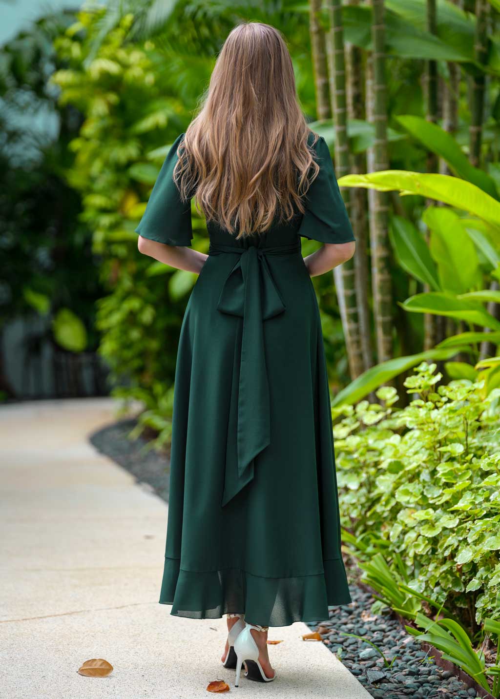 Dark green chiffon wrap dress