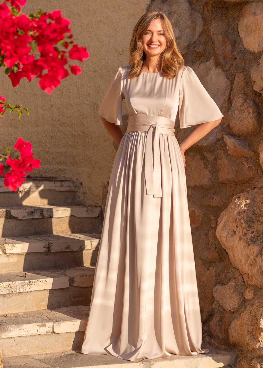 Light Champagne long dress with belt