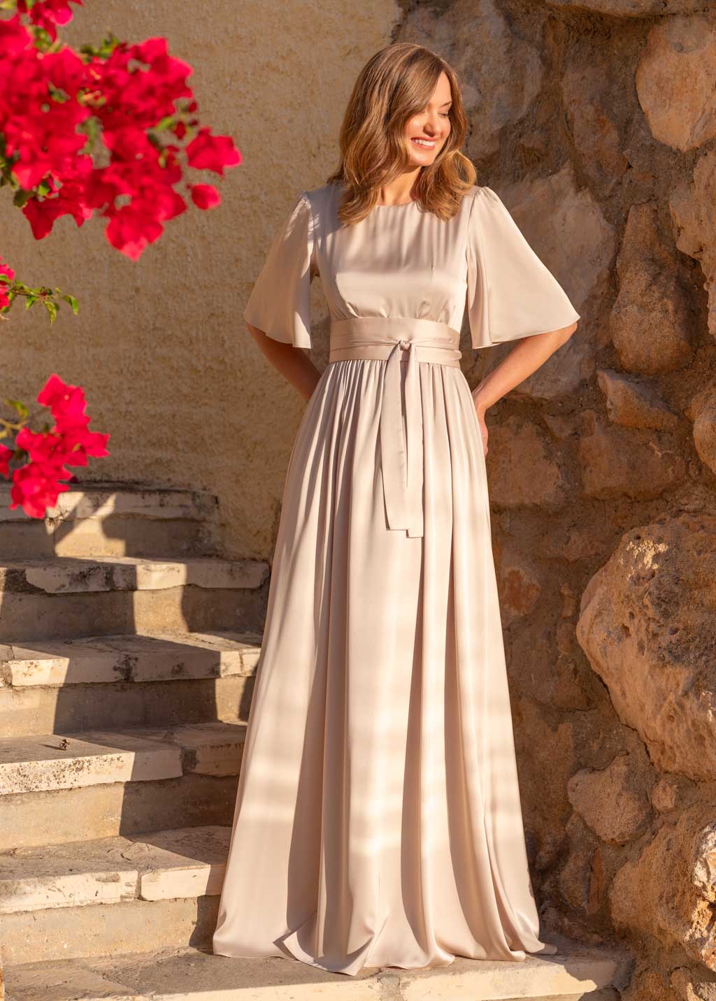 Champagne beige long slit silk dress with belt