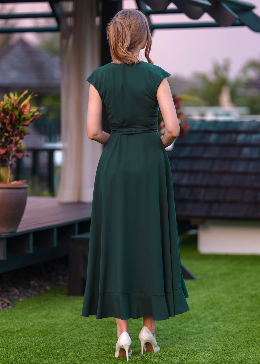 Dark green chiffon wrap dress