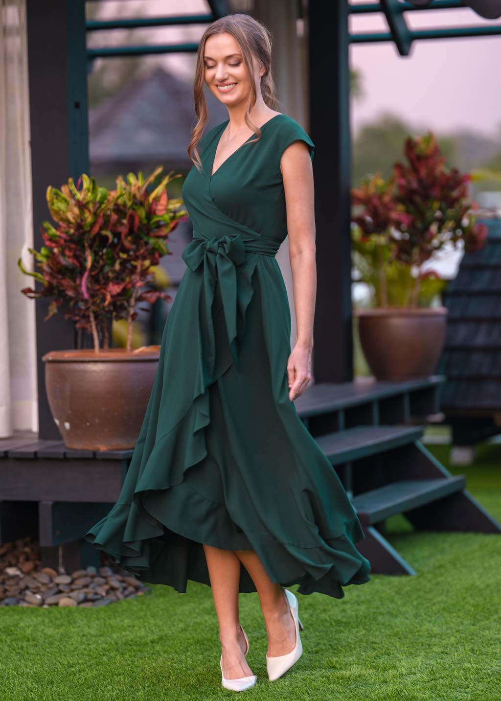 Dark green chiffon wrap dress