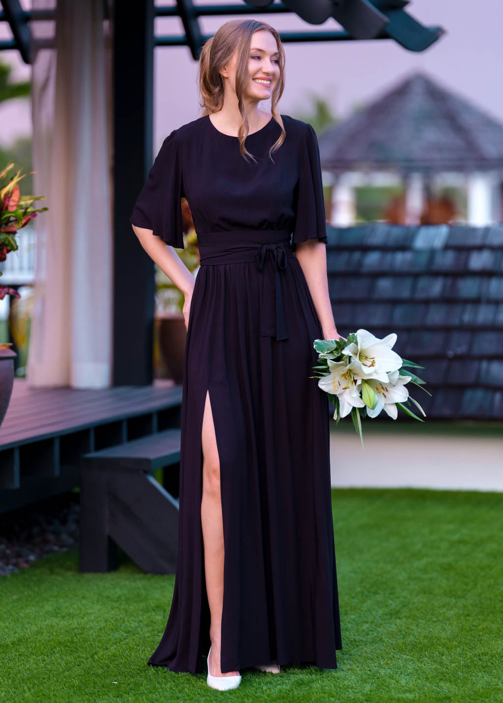 Black slit dress with belt