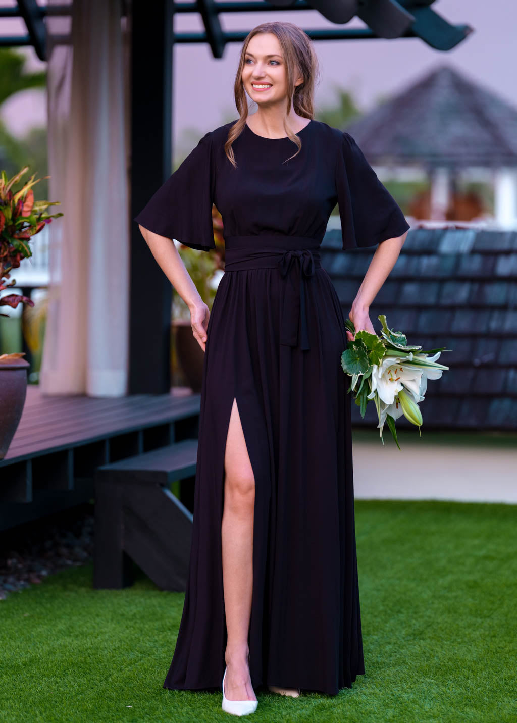 Black slit dress with belt