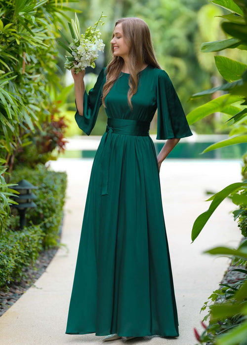 green silk dress long Dark green silk dress with belt