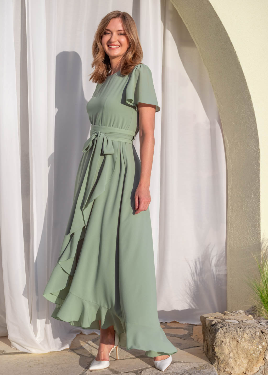 Sage green ruffle dress with belt