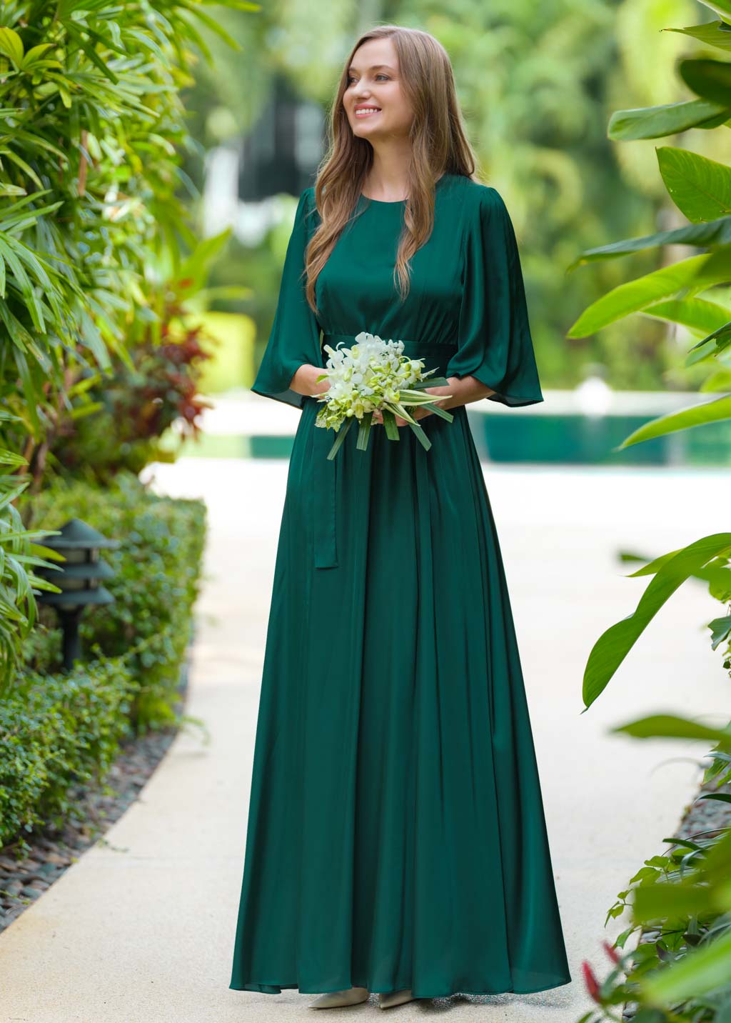 Dark green silk slit dress with belt