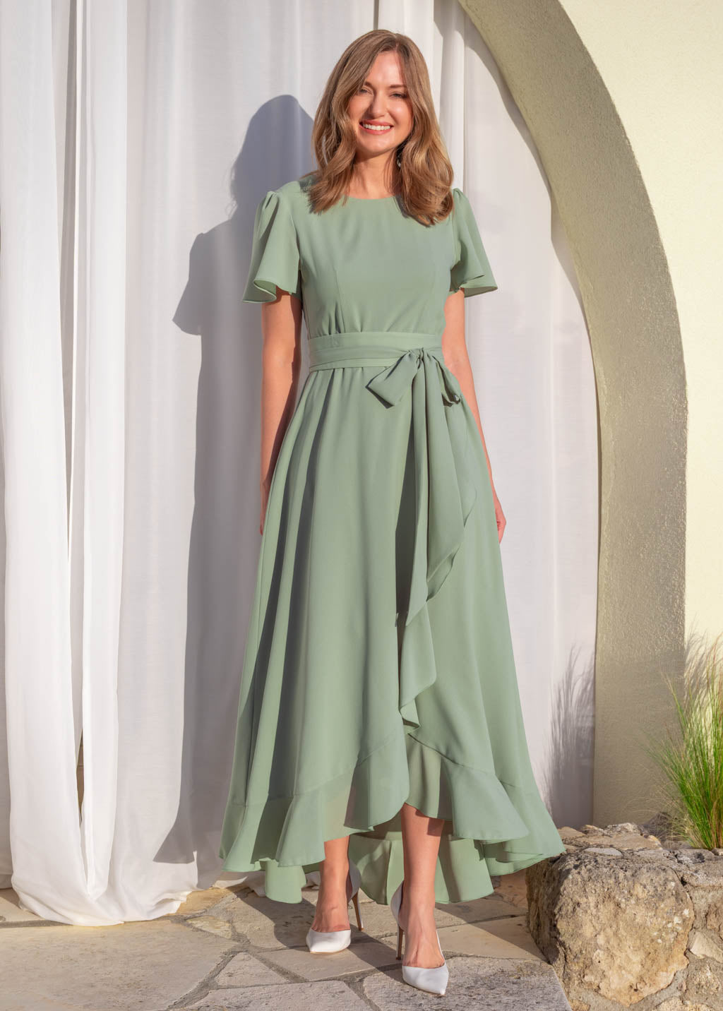 Sage green ruffle dress with belt