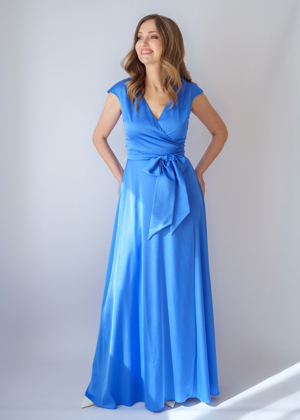 Blue Silk Bridesmaid Wrap Long Dress