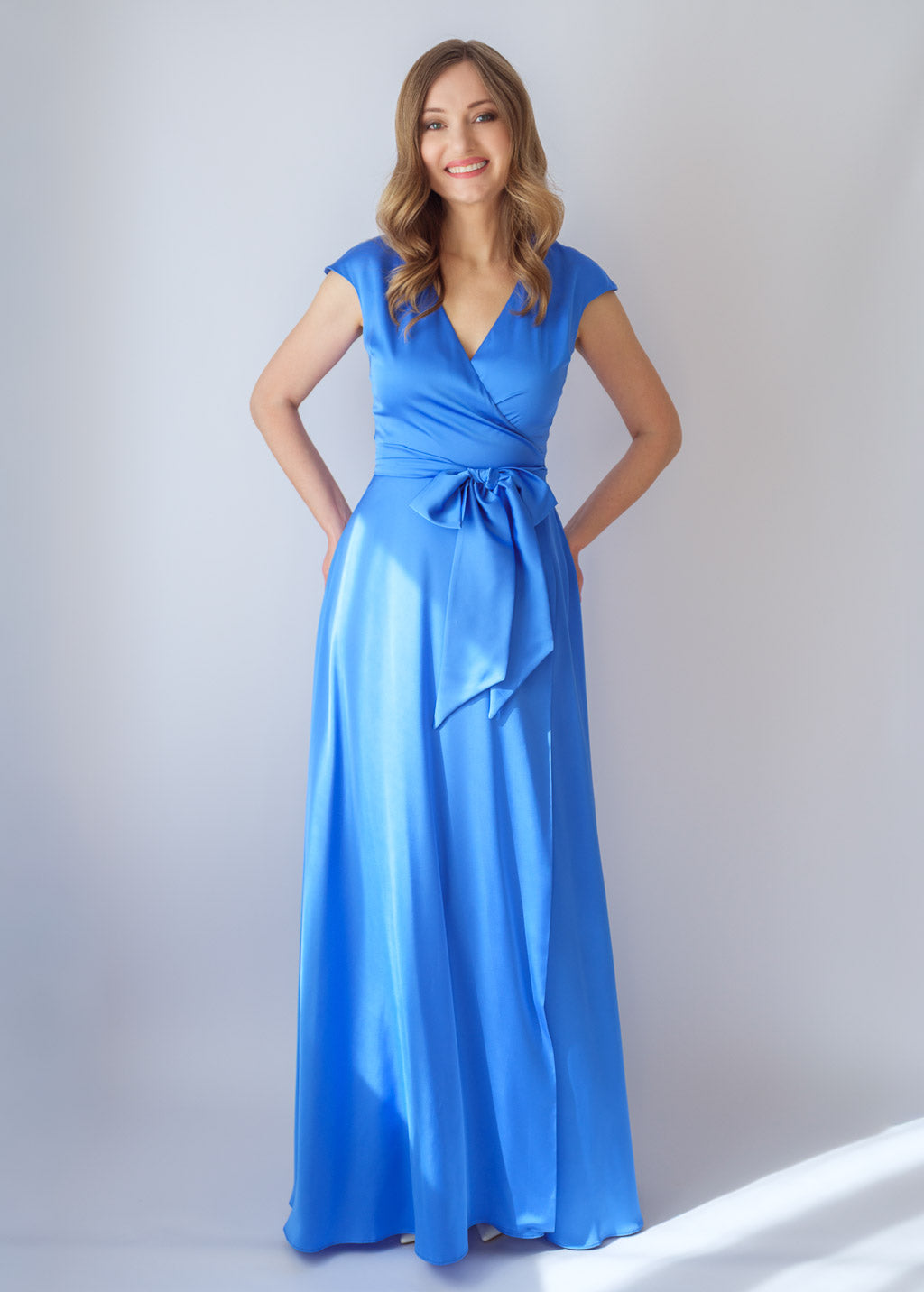 Blue Silk Bridesmaid Wrap Long Dress