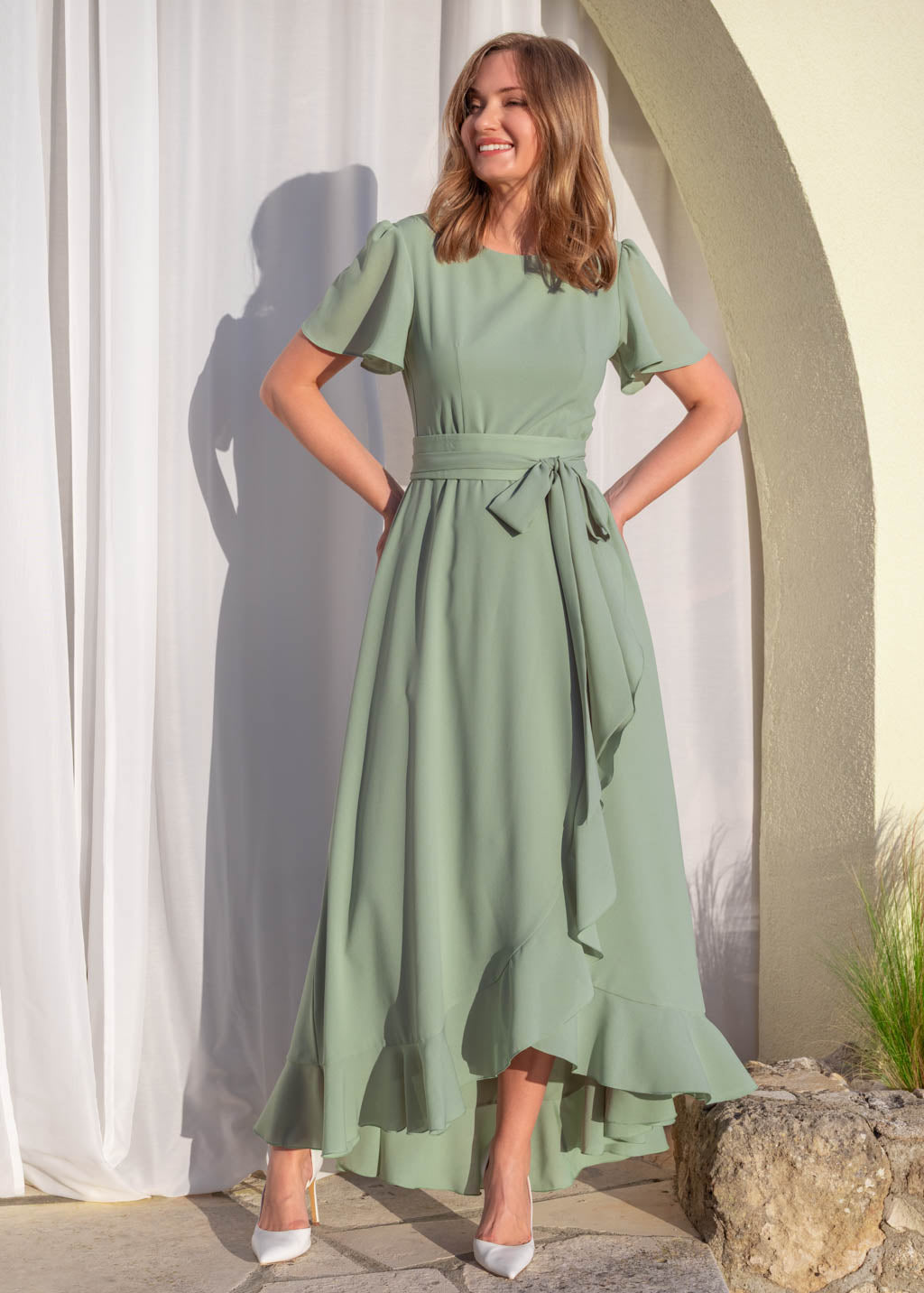 Sage green ruffle dress with belt