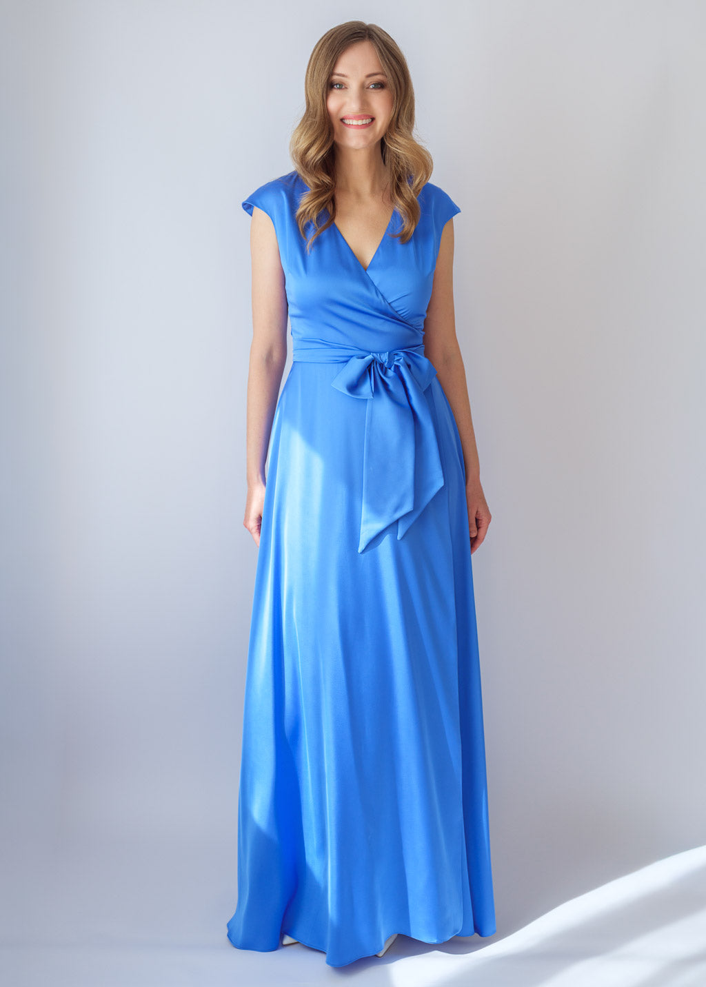 Blue Silk Bridesmaid Wrap Long Dress