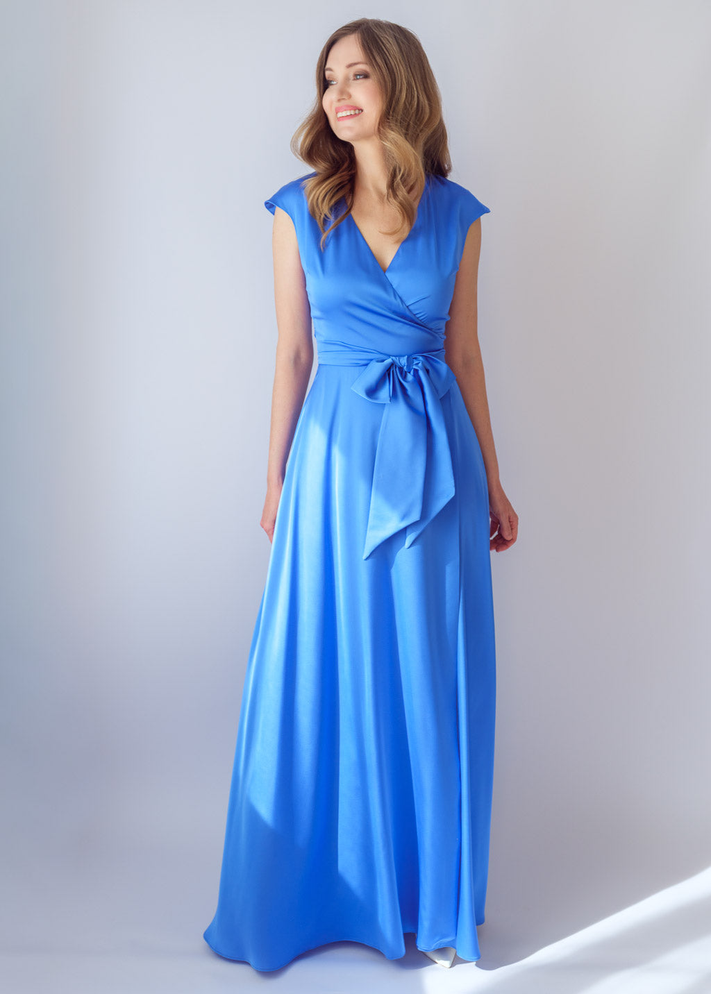 Blue Silk Bridesmaid Wrap Long Dress