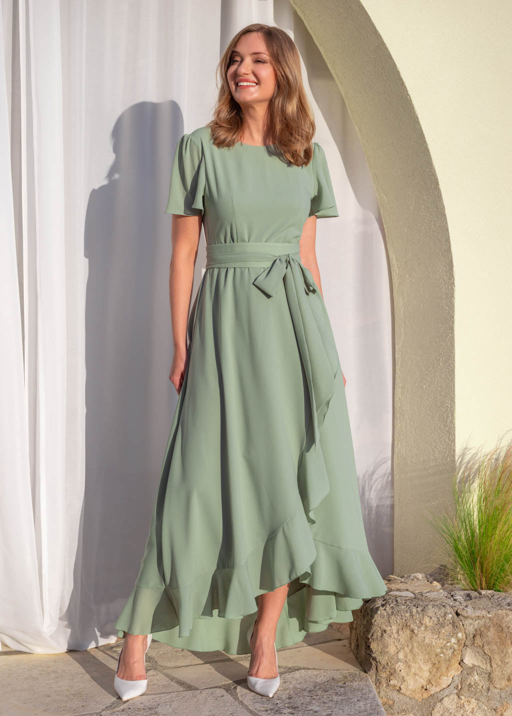 Sage green ruffle dress with belt
