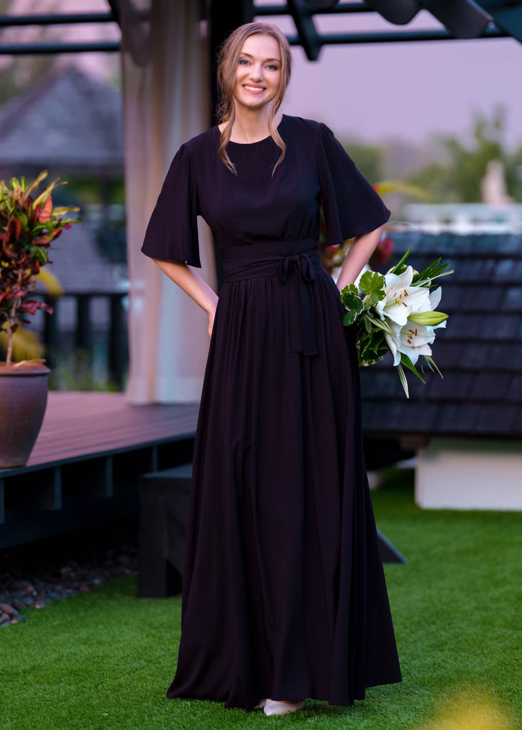 Black slit dress with belt