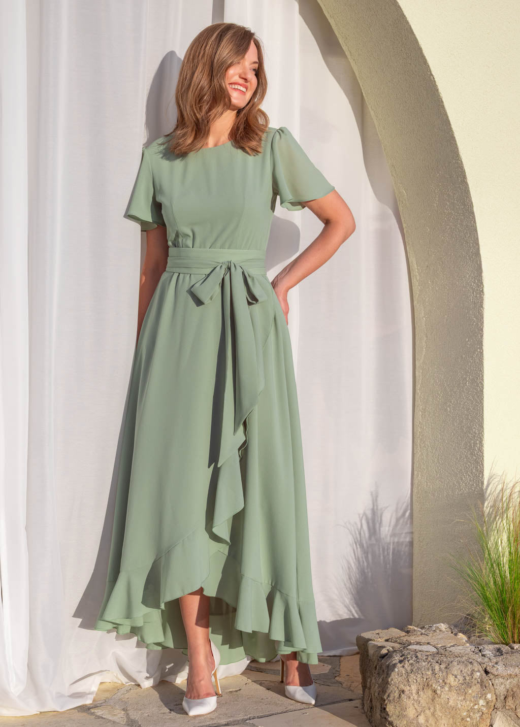 Sage green ruffle dress with belt