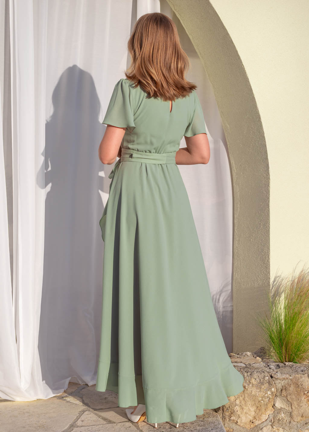 Sage green ruffle dress with belt