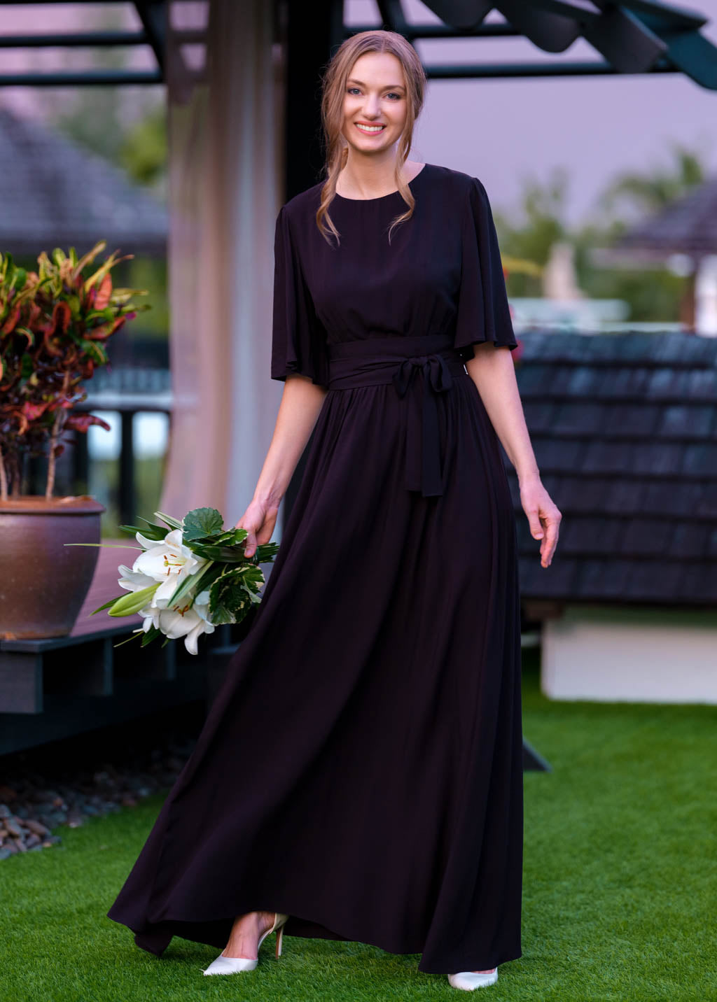 Black slit dress with belt